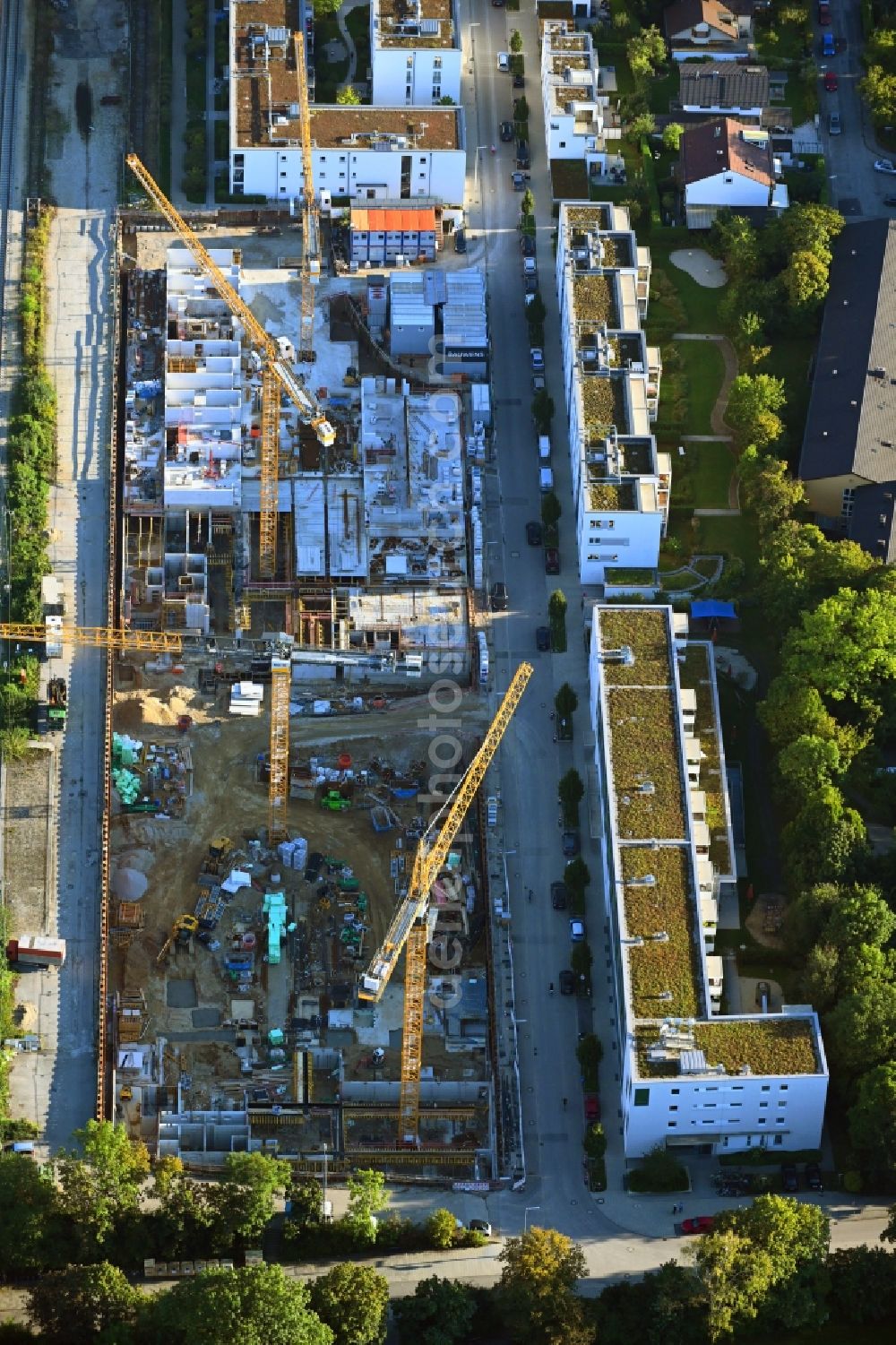 München from the bird's eye view: Construction site for the new residential and commercial building Brennerpark on Distlhofweg corner Bauernbraeuweg in the district Sendling-Westpark in Munich in the state Bavaria, Germany