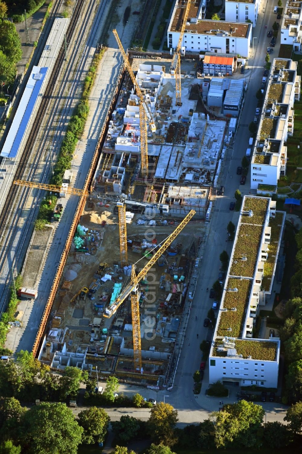 Aerial image München - Construction site for the new residential and commercial building Brennerpark on Distlhofweg corner Bauernbraeuweg in the district Sendling-Westpark in Munich in the state Bavaria, Germany