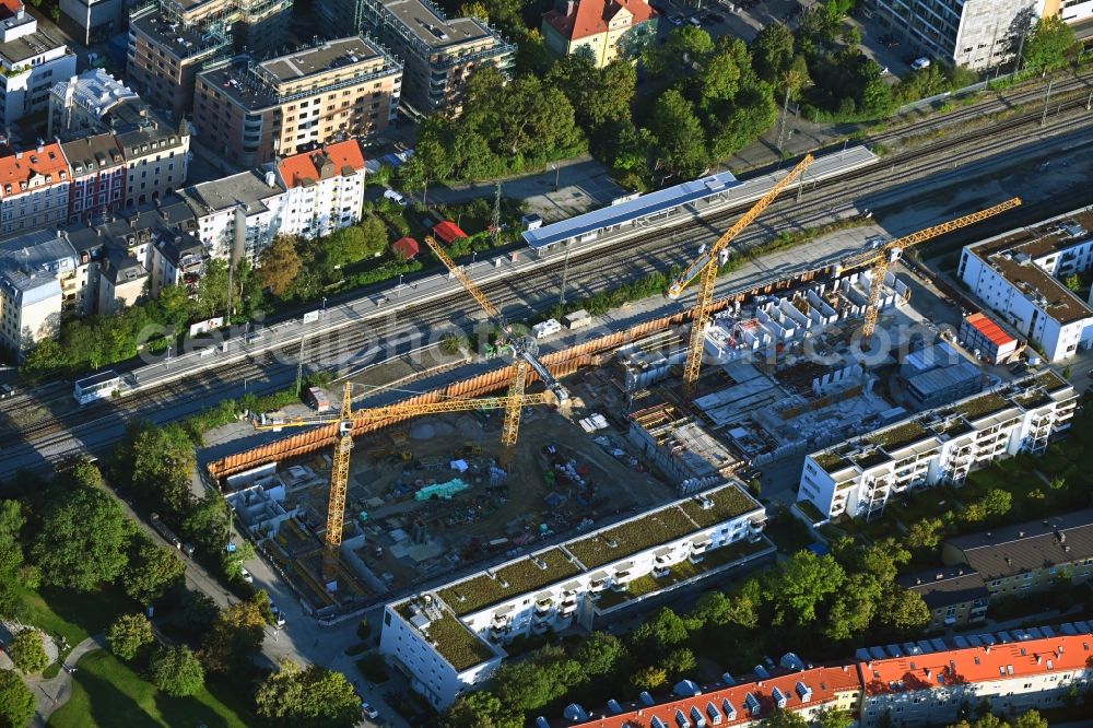 Aerial photograph München - Construction site for the new residential and commercial building Brennerpark on Distlhofweg corner Bauernbraeuweg in the district Sendling-Westpark in Munich in the state Bavaria, Germany