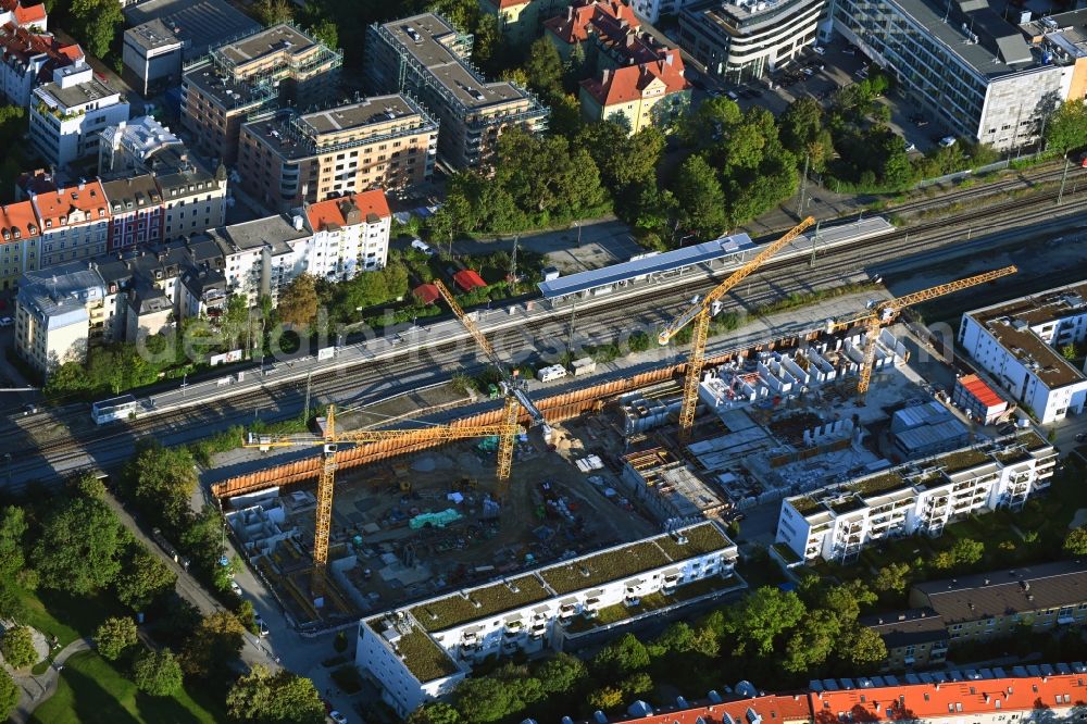 München from above - Construction site for the new residential and commercial building Brennerpark on Distlhofweg corner Bauernbraeuweg in the district Sendling-Westpark in Munich in the state Bavaria, Germany