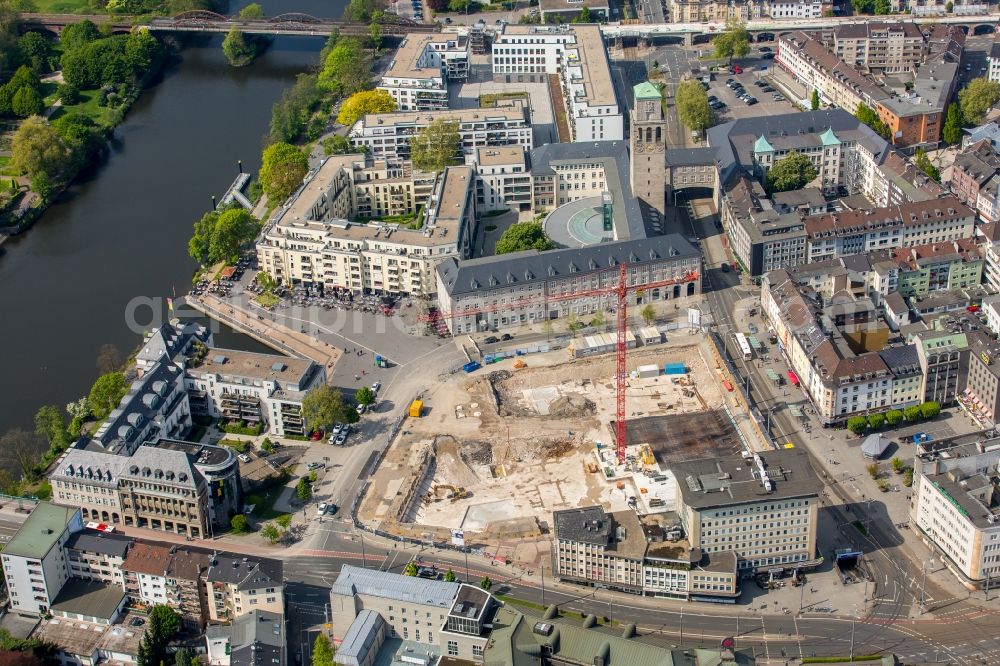 Aerial image Mülheim an der Ruhr - Construction site for the new building eines Wohn- and Geschaeftshausviertels on Schlossstrasse - Schollenstrasse - Friedrich-Ebert-Allee nach Entwuerfen of AIP Architekten & Ingenieure fuer Projektplanung in Muelheim on the Ruhr in the state North Rhine-Westphalia