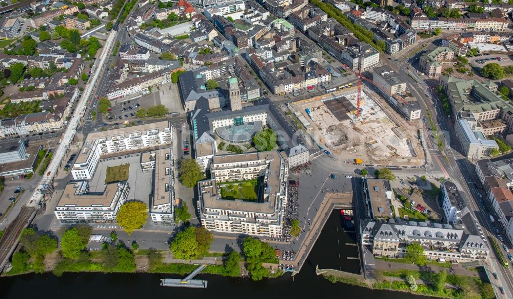 Aerial image Mülheim an der Ruhr - Construction site for the new building eines Wohn- and Geschaeftshausviertels on Schlossstrasse - Schollenstrasse - Friedrich-Ebert-Allee nach Entwuerfen of AIP Architekten & Ingenieure fuer Projektplanung in Muelheim on the Ruhr in the state North Rhine-Westphalia