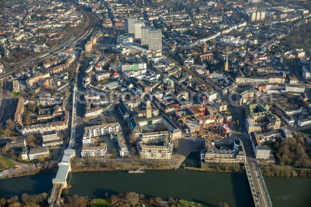 Aerial image Mülheim an der Ruhr - Construction site for the new building eines Wohn- and Geschaeftshausviertels on Schlossstrasse - Schollenstrasse - Friedrich-Ebert-Allee in Muelheim on the Ruhr in the state North Rhine-Westphalia