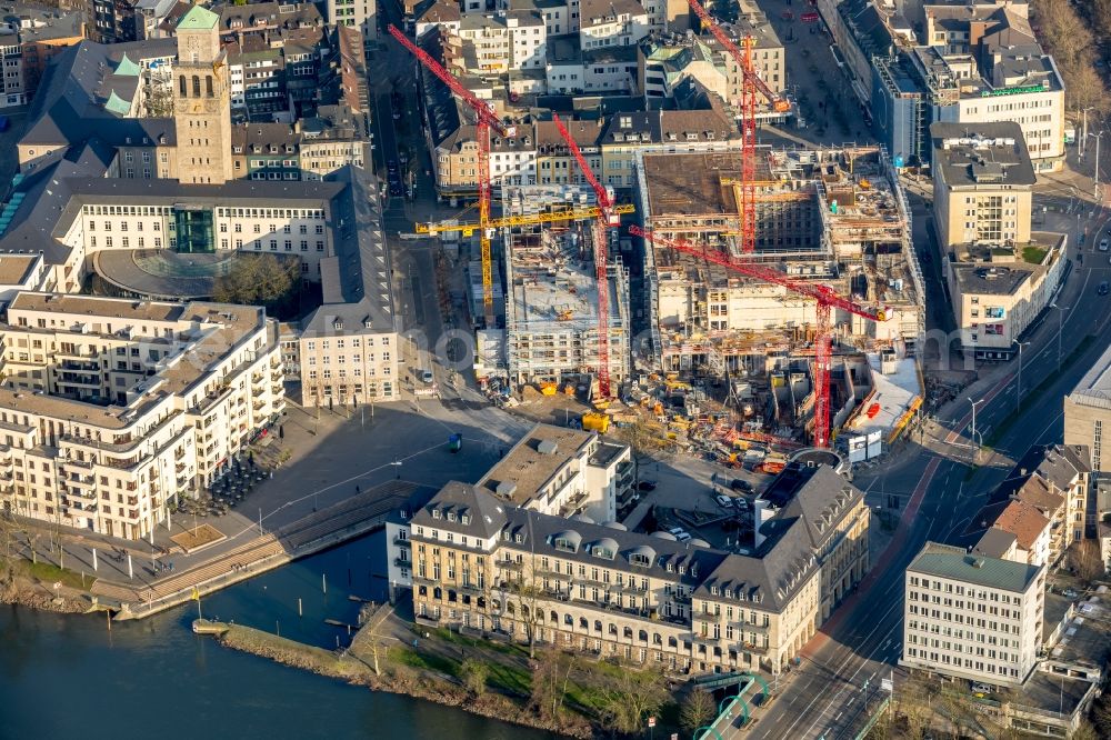 Aerial photograph Mülheim an der Ruhr - Construction site for the new building eines Wohn- and Geschaeftshausviertels on Schlossstrasse - Schollenstrasse - Friedrich-Ebert-Allee in Muelheim on the Ruhr in the state North Rhine-Westphalia