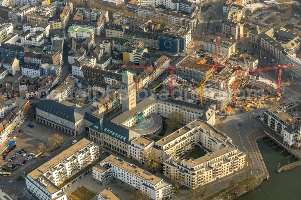 Mülheim an der Ruhr from above - Construction site for the new building eines Wohn- and Geschaeftshausviertels on Schlossstrasse - Schollenstrasse - Friedrich-Ebert-Allee in Muelheim on the Ruhr in the state North Rhine-Westphalia