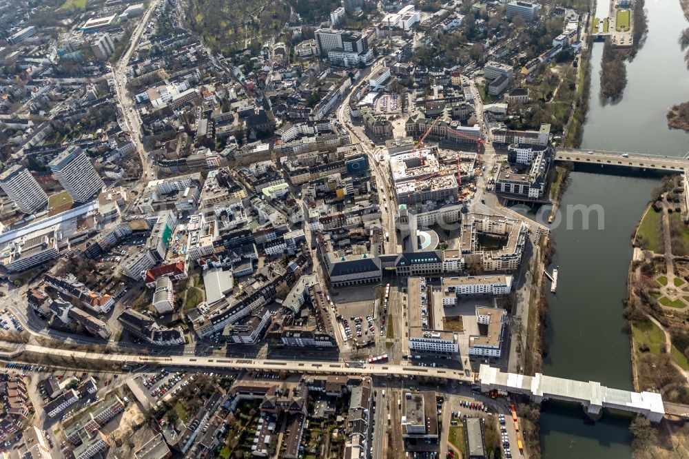 Aerial photograph Mülheim an der Ruhr - Construction site for the new building eines Wohn- and Geschaeftshausviertels on Schlossstrasse - Schollenstrasse - Friedrich-Ebert-Allee in Muelheim on the Ruhr in the state North Rhine-Westphalia