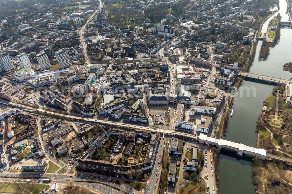 Mülheim an der Ruhr from above - Construction site for the new building eines Wohn- and Geschaeftshausviertels on Schlossstrasse - Schollenstrasse - Friedrich-Ebert-Allee in Muelheim on the Ruhr in the state North Rhine-Westphalia