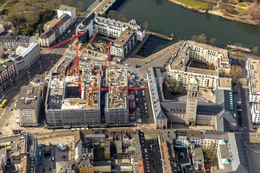 Aerial photograph Mülheim an der Ruhr - Construction site for the new building eines Wohn- and Geschaeftshausviertels on Schlossstrasse - Schollenstrasse - Friedrich-Ebert-Allee in Muelheim on the Ruhr in the state North Rhine-Westphalia