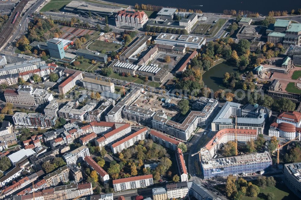 Dresden from above - Construction site for the new building einer Wohnanlage in der Wilsdruffer Vorstadt in Dresden in the state Saxony