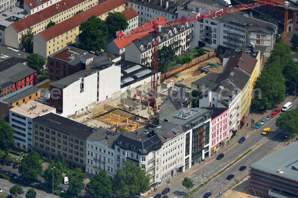 Aerial photograph Hamburg St. Pauli - Construction site for the new construction of residential complex Neuer Kamp by Riedel Bau GmbH in the St. Pauli district of Hamburg