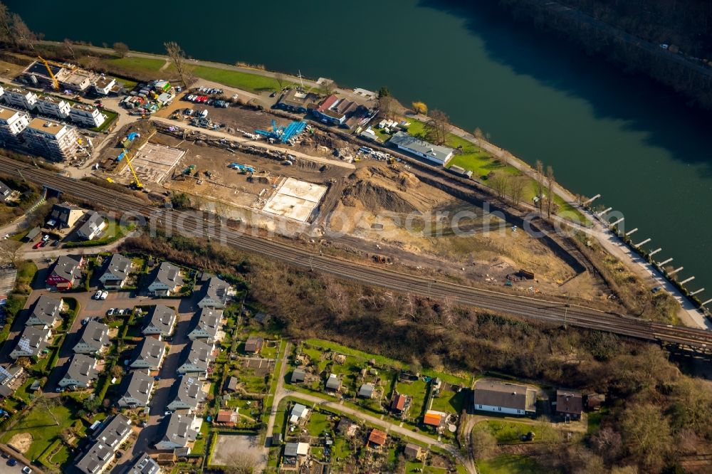 Kettwig from the bird's eye view: Construction site of the residential area Wohnen am Ruhrbogen on the riverbank of the Ruhr in Kettwig in the state of North Rhine-Westphalia