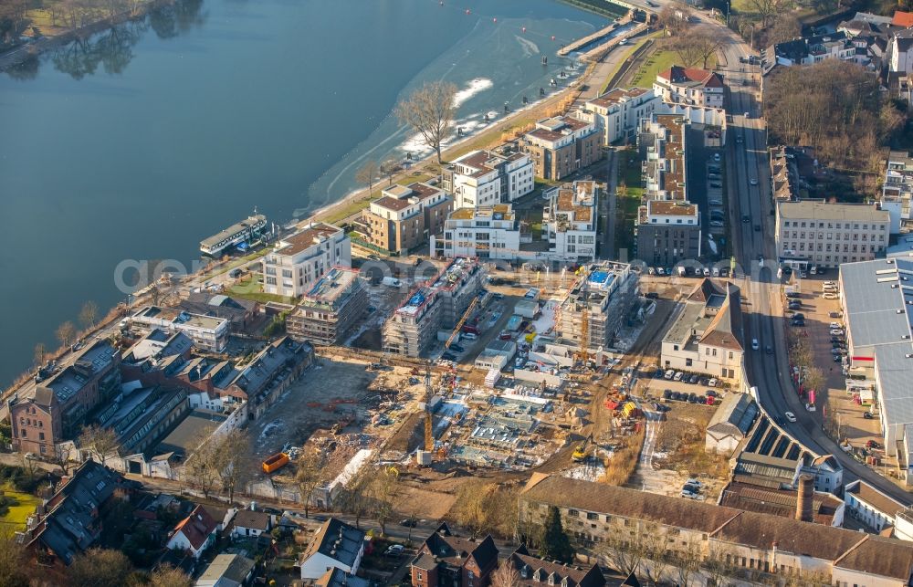 Essen from above - Construction site of the residential area Wohnen am Ruhrbogen on the riverbank of the Ruhr in Kettwig in the state of North Rhine-Westphalia