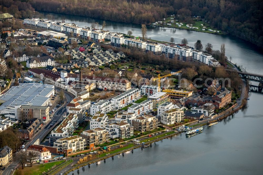 Essen from the bird's eye view: Construction site of the residential area Wohnen am Ruhrbogen on the riverbank of the Ruhr in Kettwig in the state of North Rhine-Westphalia