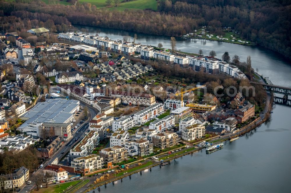 Aerial image Essen - Construction site of the residential area Wohnen am Ruhrbogen on the riverbank of the Ruhr in Kettwig in the state of North Rhine-Westphalia