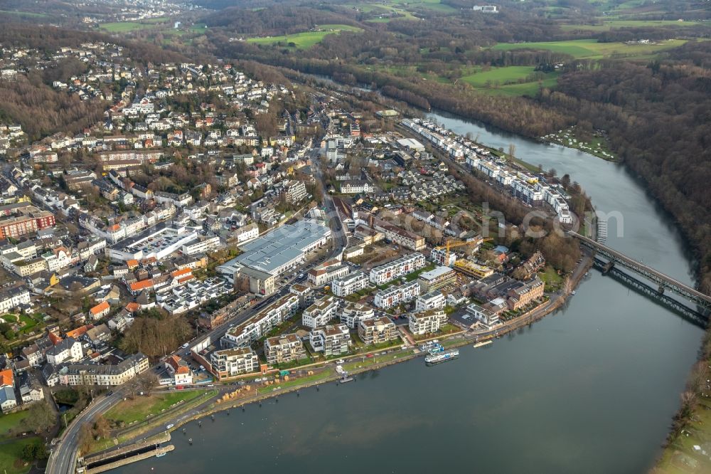 Aerial image Essen - Construction site of the residential area Wohnen am Ruhrbogen on the riverbank of the Ruhr in Kettwig in the state of North Rhine-Westphalia