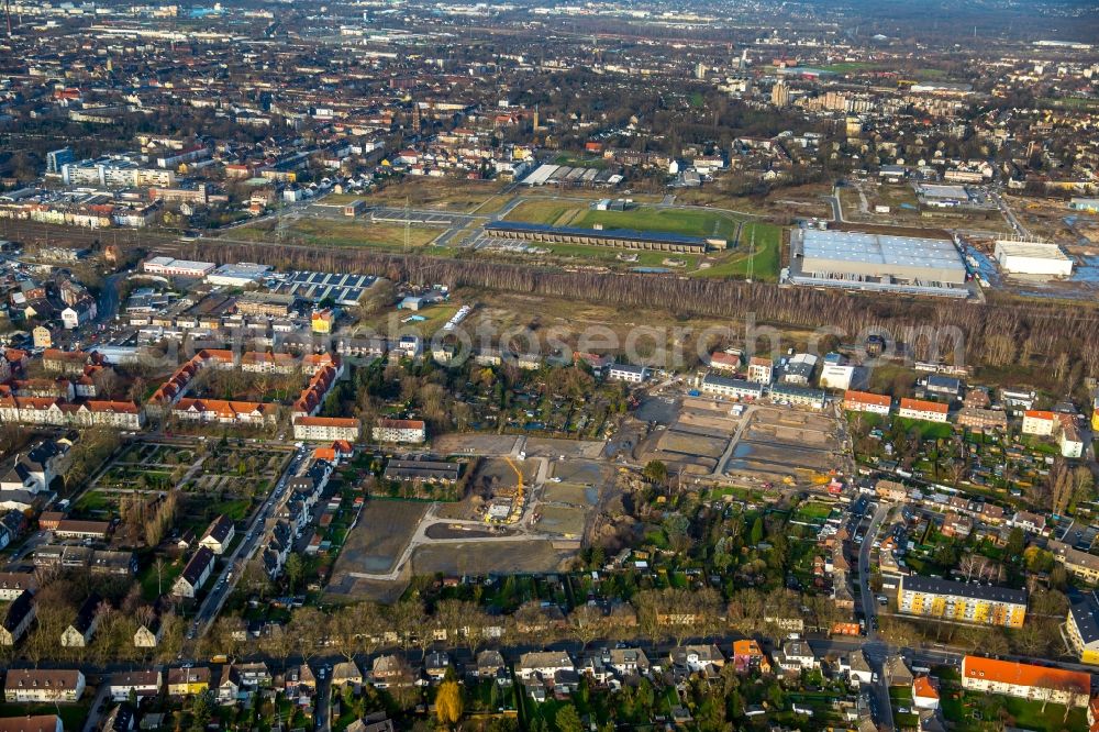 Gelsenkirchen from the bird's eye view: Construction site for new construction residential area of detached housing estate aurelis Real Estate GmbH & Co. KG in Gelsenkirchen in the state North Rhine-Westphalia