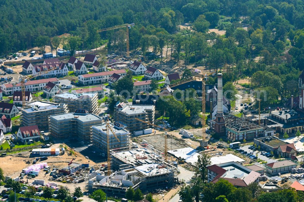 Beelitz from above - Residential area construction site of a mixed development with multi-family houses and single-family houses- New building at the Quartier Beelitz-Heilstaetten in Beelitz in the state Brandenburg, Germany