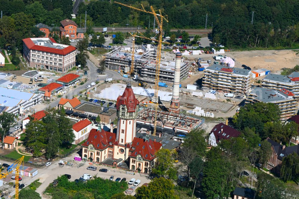 Beelitz from above - Residential area construction site of a mixed development with multi-family houses and single-family houses- New building at the Quartier Beelitz-Heilstaetten in Beelitz in the state Brandenburg, Germany