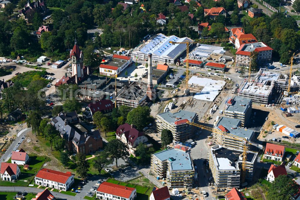 Aerial image Beelitz - Residential area construction site of a mixed development with multi-family houses and single-family houses- New building at the Quartier Beelitz-Heilstaetten in Beelitz in the state Brandenburg, Germany