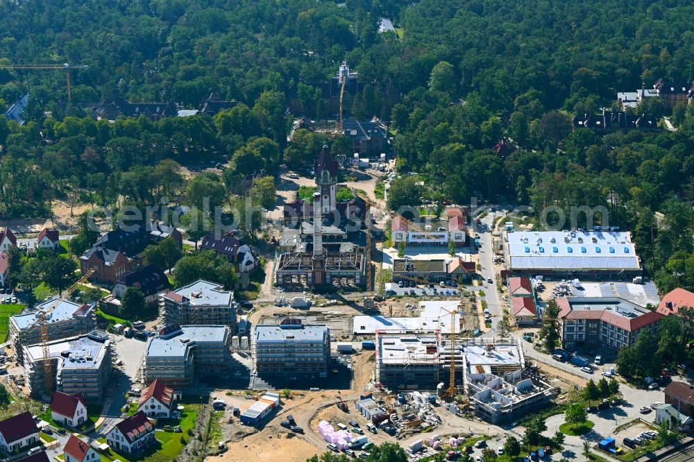 Beelitz from above - Residential area construction site of a mixed development with multi-family houses and single-family houses- New building at the Quartier Beelitz-Heilstaetten in Beelitz in the state Brandenburg, Germany