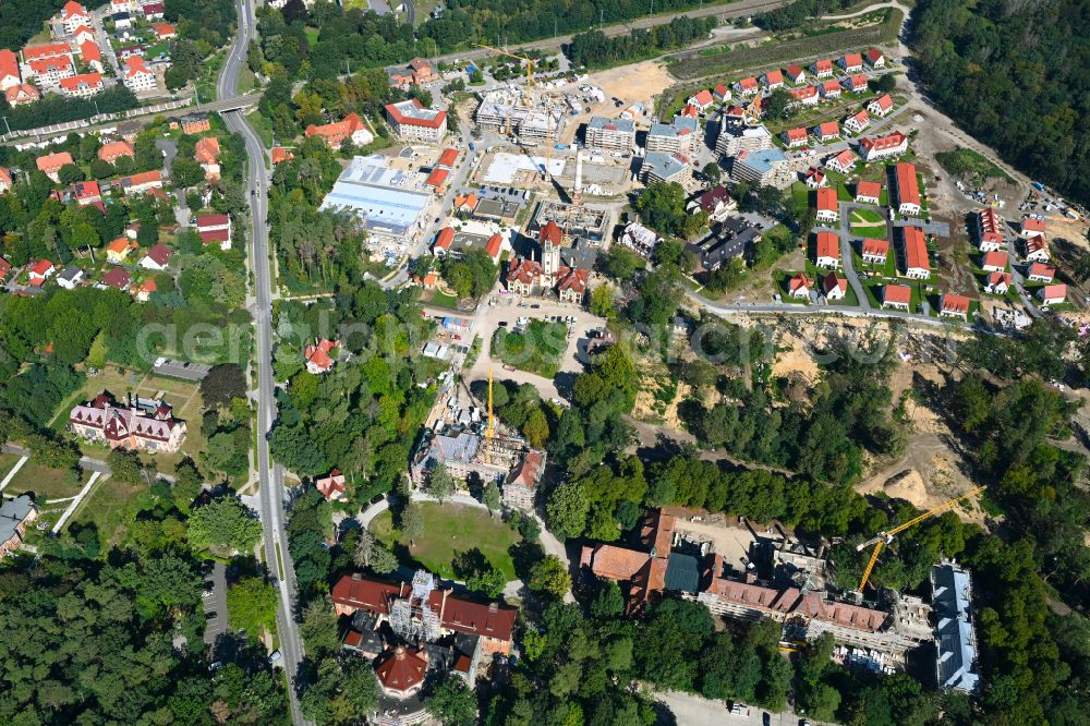 Aerial photograph Beelitz - Residential area construction site of a mixed development with multi-family houses and single-family houses- New building at the Quartier Beelitz-Heilstaetten in Beelitz in the state Brandenburg, Germany