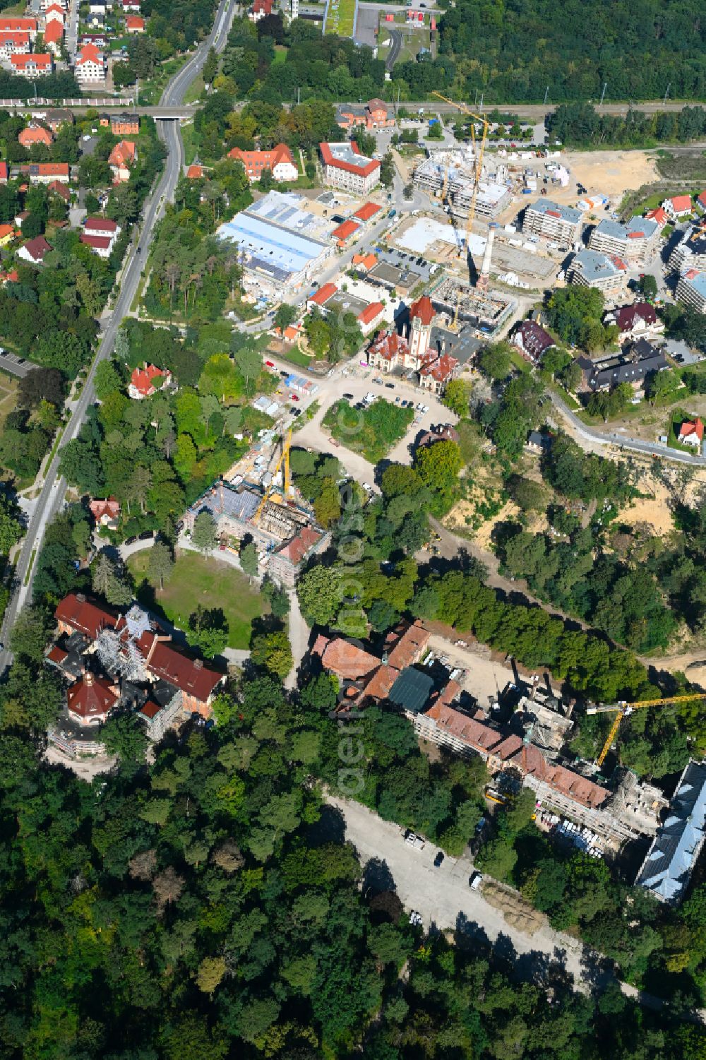 Beelitz from above - Residential area construction site of a mixed development with multi-family houses and single-family houses- New building at the Quartier Beelitz-Heilstaetten in Beelitz in the state Brandenburg, Germany