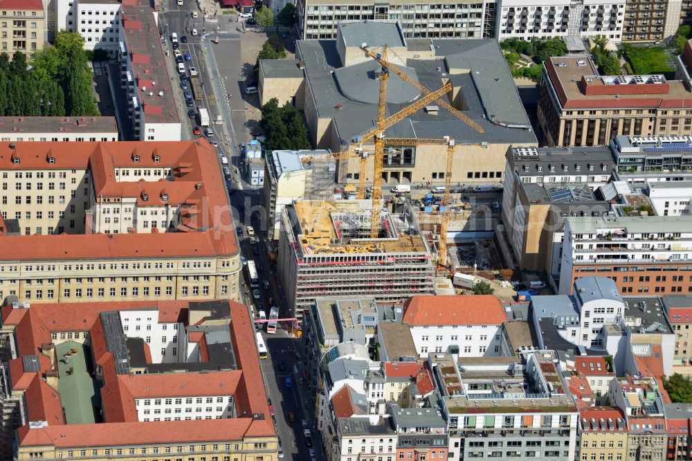 Aerial photograph Berlin - Building site for construction of a residential house and commercial building at the corner Behrenstrasse Glinkastraße in Berlin - Mitte