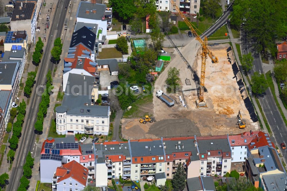 Cottbus from above - Construction site for the multi-family residential building on Amalienstrasse - Edwald-Haase-Strasse in Cottbus in the state Brandenburg, Germany