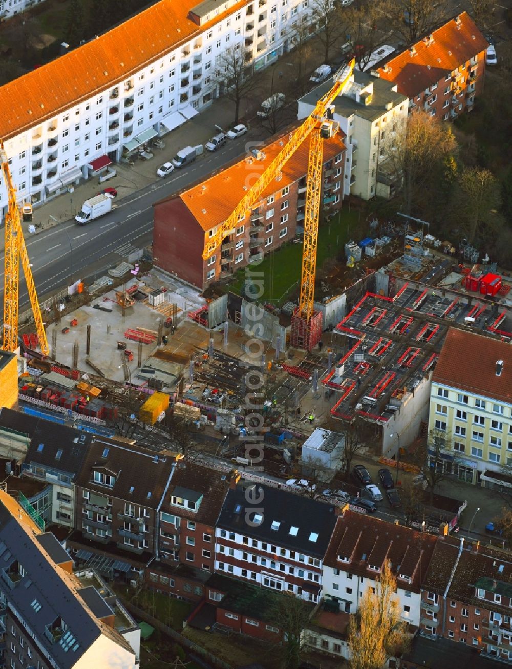 Hamburg from above - Construction site for the multi-family residential building on Fuhlsbuettler Strasse corner Hellbrookstrasse in the district Barmbek in Hamburg, Germany