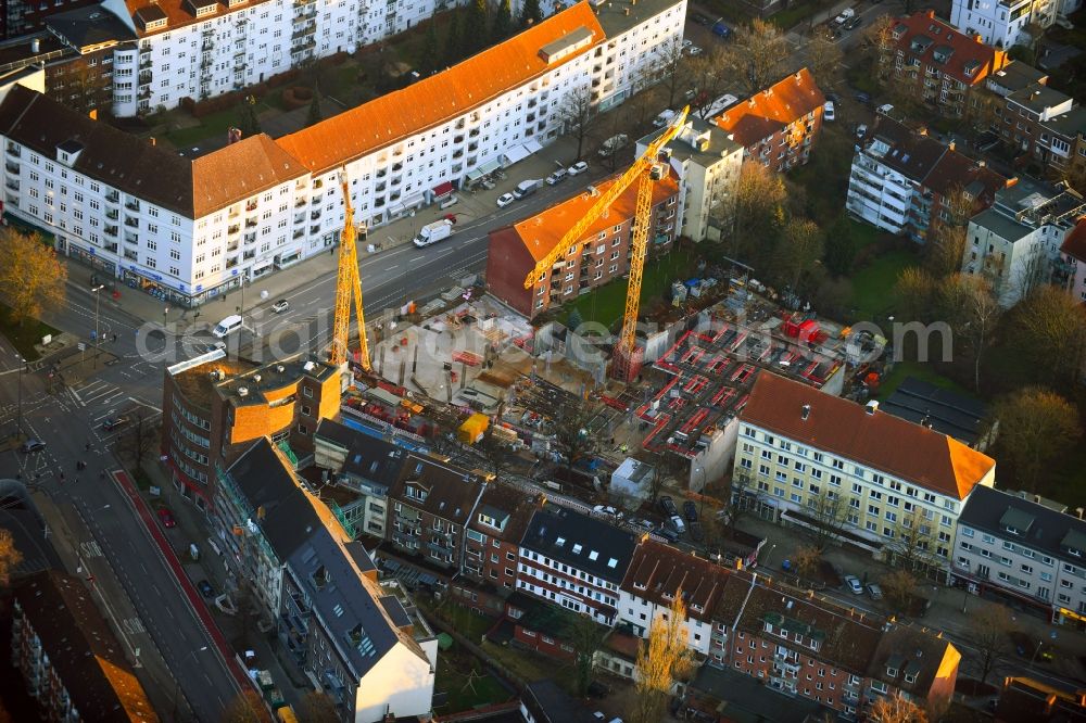 Hamburg from the bird's eye view: Construction site for the multi-family residential building on Fuhlsbuettler Strasse corner Hellbrookstrasse in the district Barmbek in Hamburg, Germany