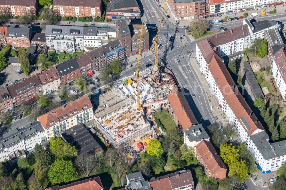 Hamburg from above - Construction site for the multi-family residential building on Fuhlsbuettler Strasse corner Hellbrookstrasse in the district Barmbek in Hamburg, Germany