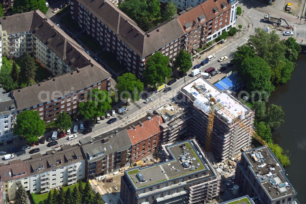 Aerial photograph Hamburg - Construction site for the multi-family residential building in Blockhouse-Quartier on Hufnerstrasse - Osterbekkai in the district Barmbek in Hamburg, Germany