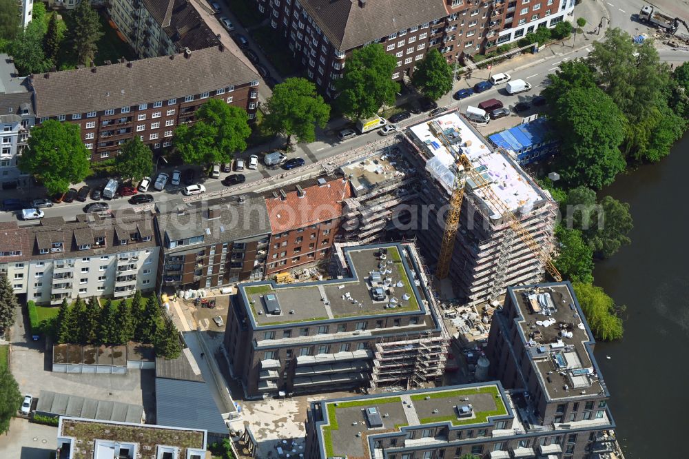 Aerial image Hamburg - Construction site for the multi-family residential building in Blockhouse-Quartier on Hufnerstrasse - Osterbekkai in the district Barmbek in Hamburg, Germany