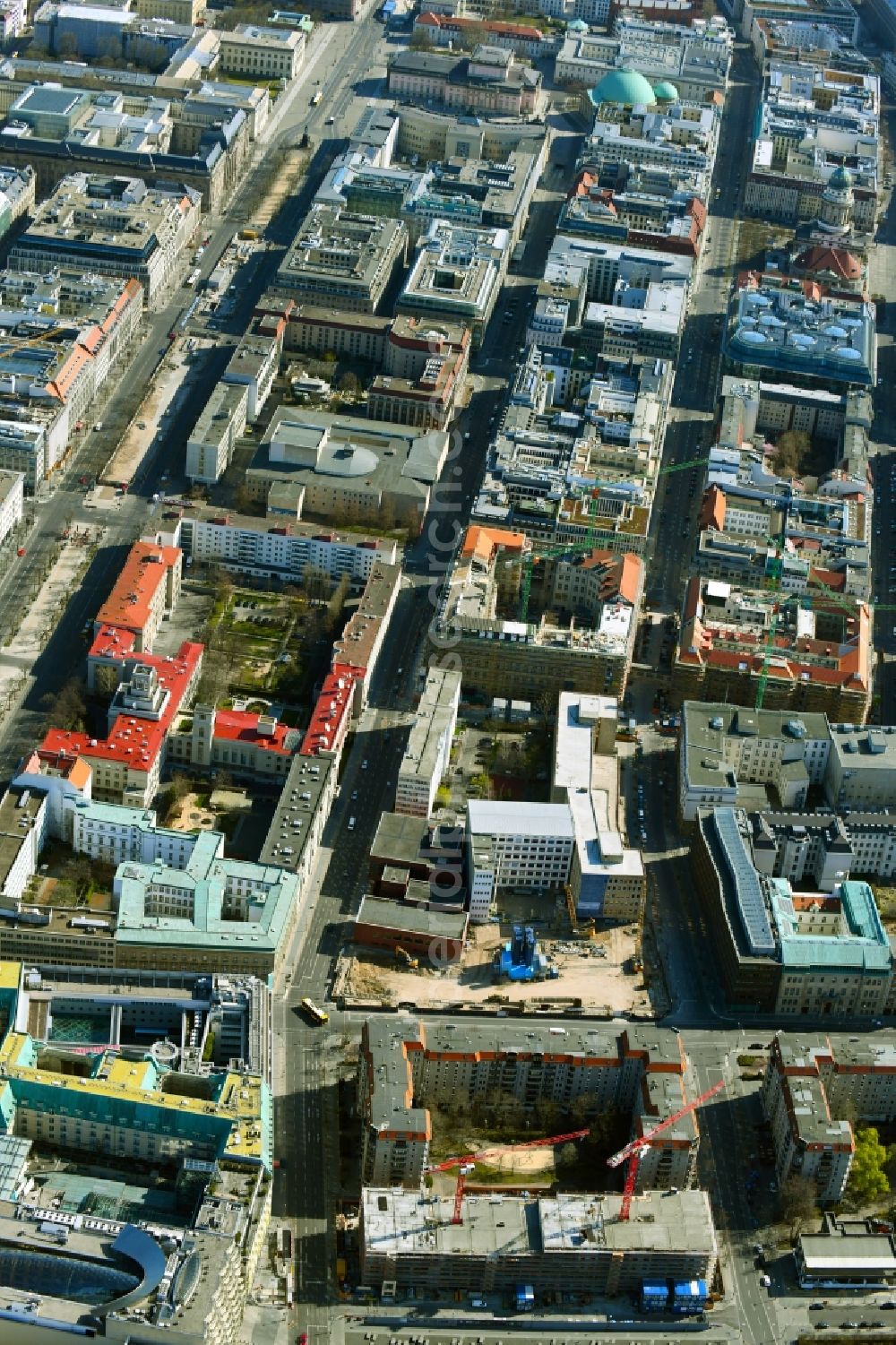 Berlin from above - Construction site for the multi-family residential building on Cora-Berliner-Strasse overlooking the construction site for the new building of the Bundesministerium fuer Gesundheit, Berlin in the district Mitte in Berlin, Germany