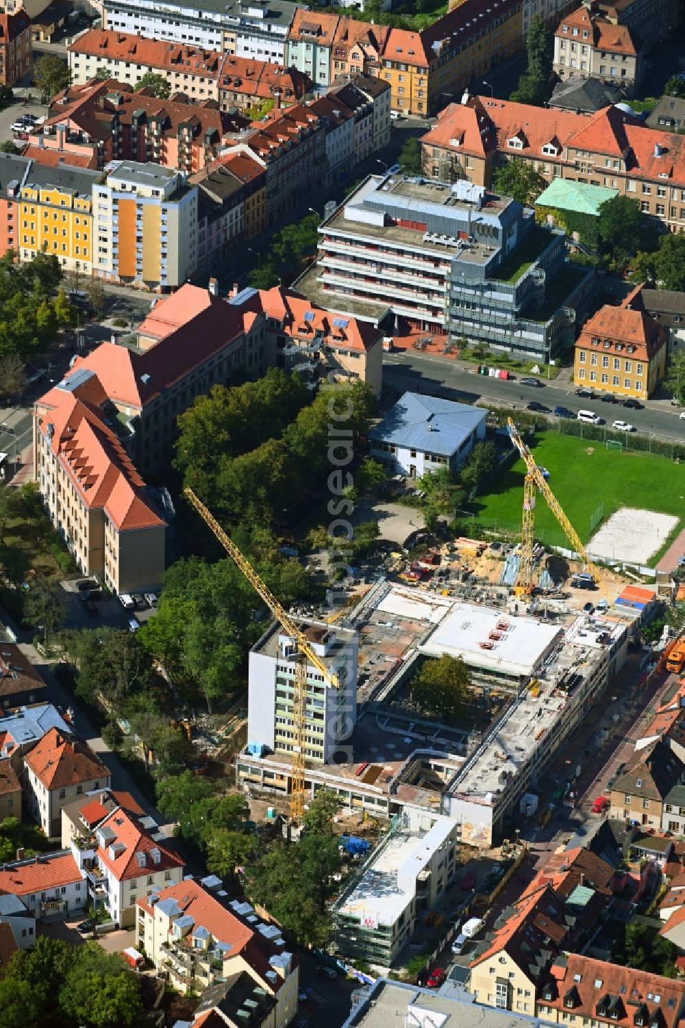 Erlangen from above - Construction site for the multi-family residential building Fahrstrasse corner Suedliche Stadtmauerstrasse in Erlangen in the state Bavaria, Germany