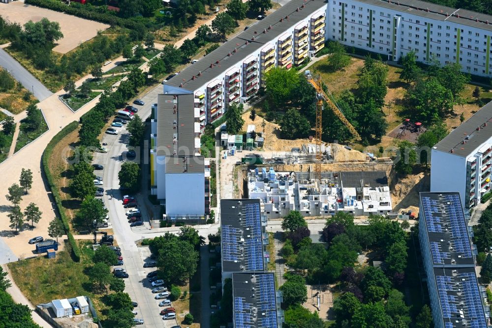 Berlin from above - Construction site for the multi-family residential building on Feldberger Ring in the district Kaulsdorf in Berlin, Germany