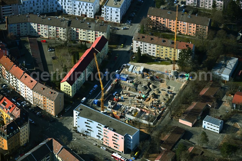 Nürnberg from above - Construction site for the multi-family residential building on Friedenstrasse in the district Maxfeld in Nuremberg in the state Bavaria, Germany