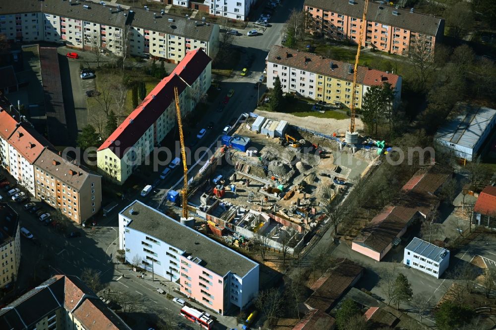 Nürnberg from the bird's eye view: Construction site for the multi-family residential building on Friedenstrasse in the district Maxfeld in Nuremberg in the state Bavaria, Germany