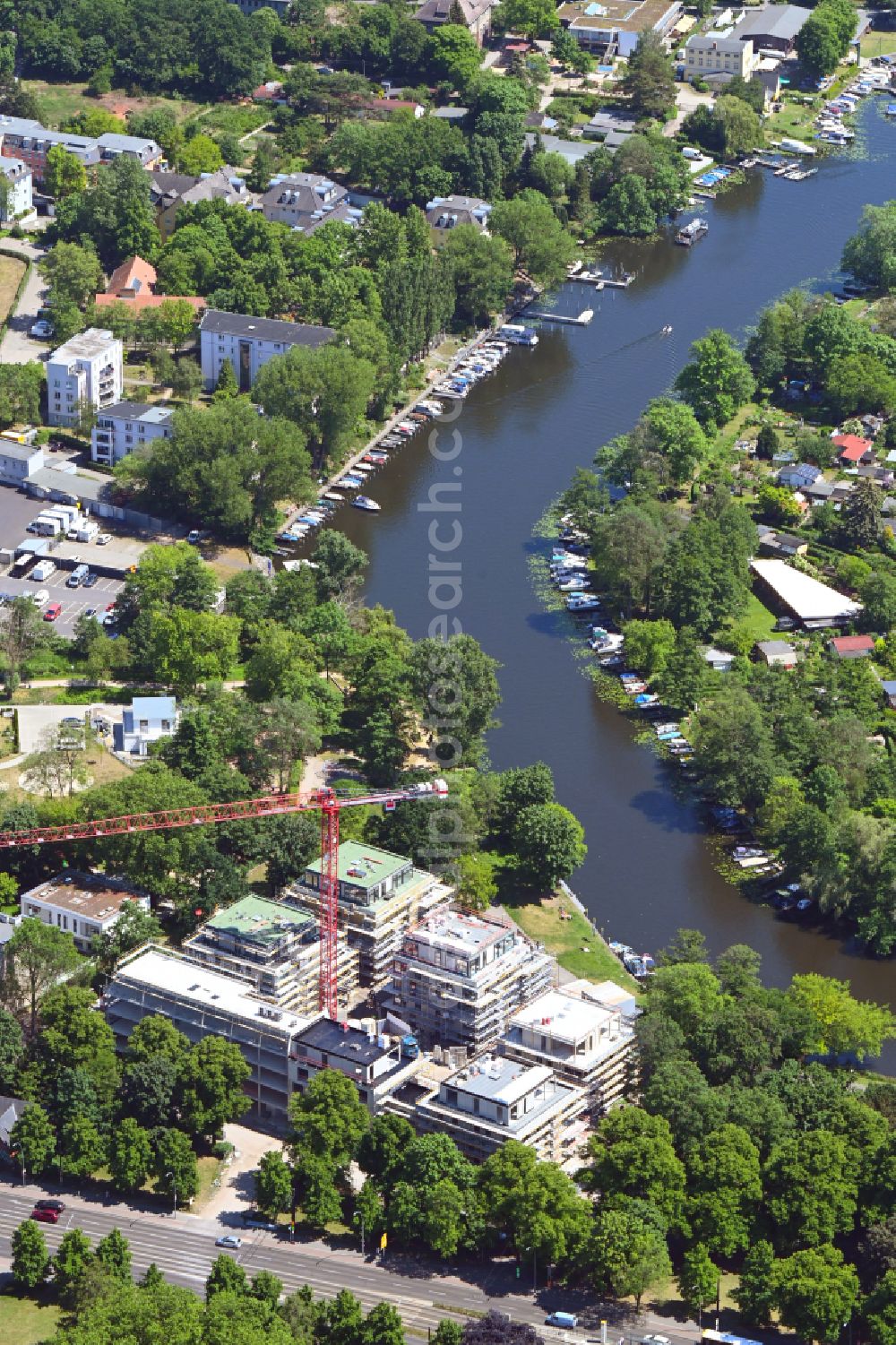 Berlin from above - Construction site for the multi-family residential building Am Generalshof - Uferweg Alte Spree in the district Koepenick in the district Koepenick in Berlin, Germany