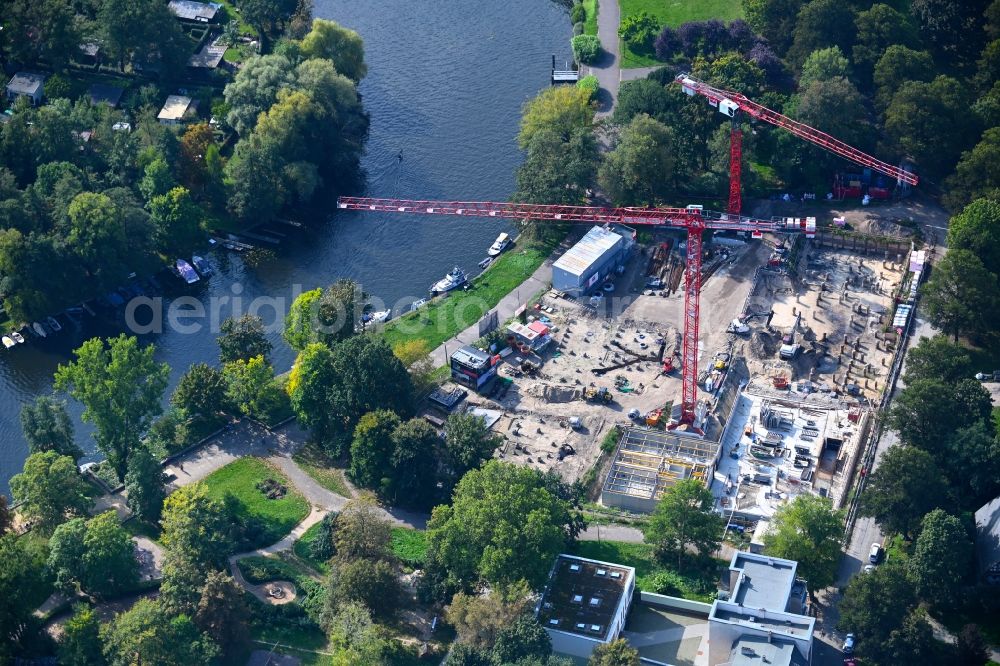 Berlin from above - Construction site for the multi-family residential building Am Generalshof - Uferweg Alte Spree in the district Koepenick in Berlin, Germany