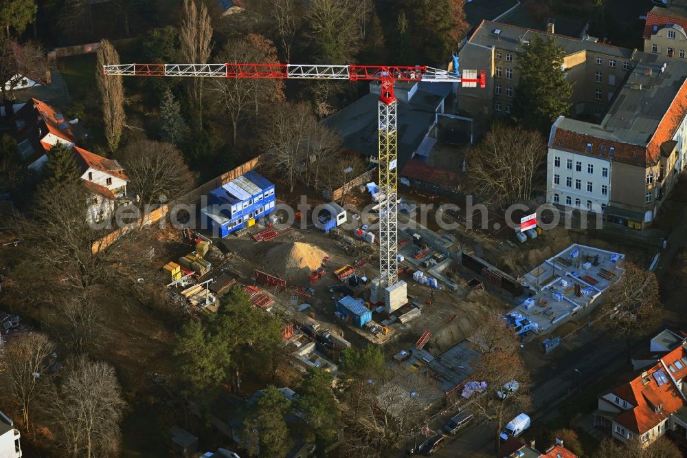 Berlin from the bird's eye view: Construction site for the multi-family residential building on Treskowstrasse in the district Niederschoenhausen in Berlin, Germany