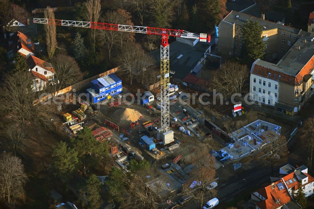 Aerial image Berlin - Construction site for the multi-family residential building on Treskowstrasse in the district Niederschoenhausen in Berlin, Germany