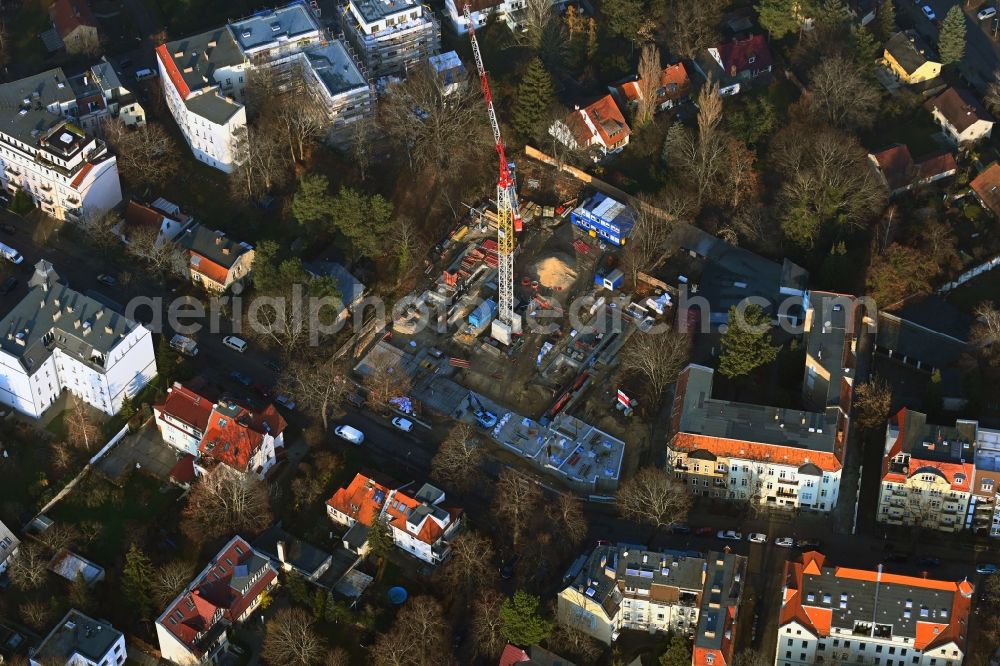 Berlin from above - Construction site for the multi-family residential building on Treskowstrasse in the district Niederschoenhausen in Berlin, Germany