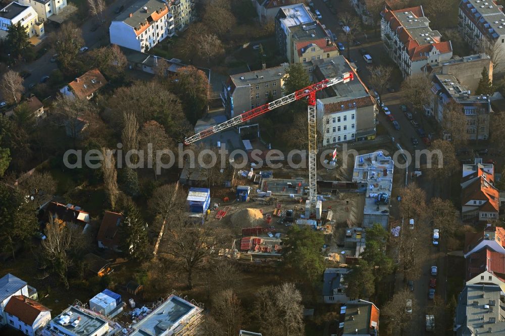 Aerial image Berlin - Construction site for the multi-family residential building on Treskowstrasse in the district Niederschoenhausen in Berlin, Germany