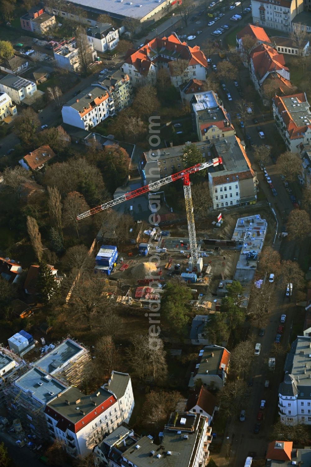 Berlin from above - Construction site for the multi-family residential building on Treskowstrasse in the district Niederschoenhausen in Berlin, Germany