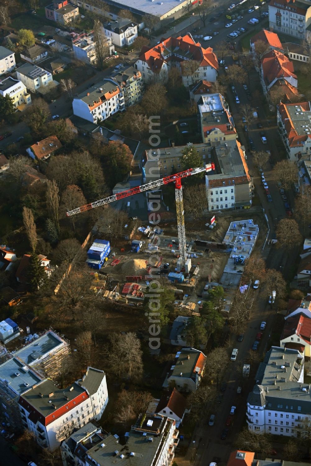 Berlin from the bird's eye view: Construction site for the multi-family residential building on Treskowstrasse in the district Niederschoenhausen in Berlin, Germany