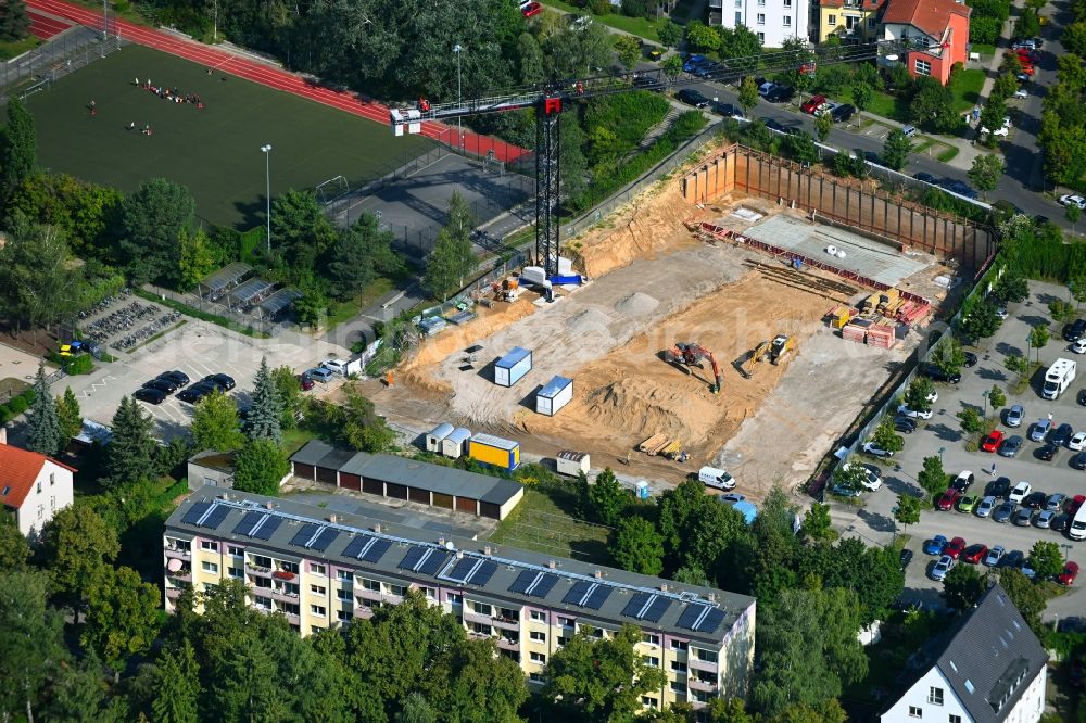 Aerial photograph Glienicke/Nordbahn - Construction site for the multi-family residential building on Ahornallee in Glienicke/Nordbahn in the state Brandenburg, Germany