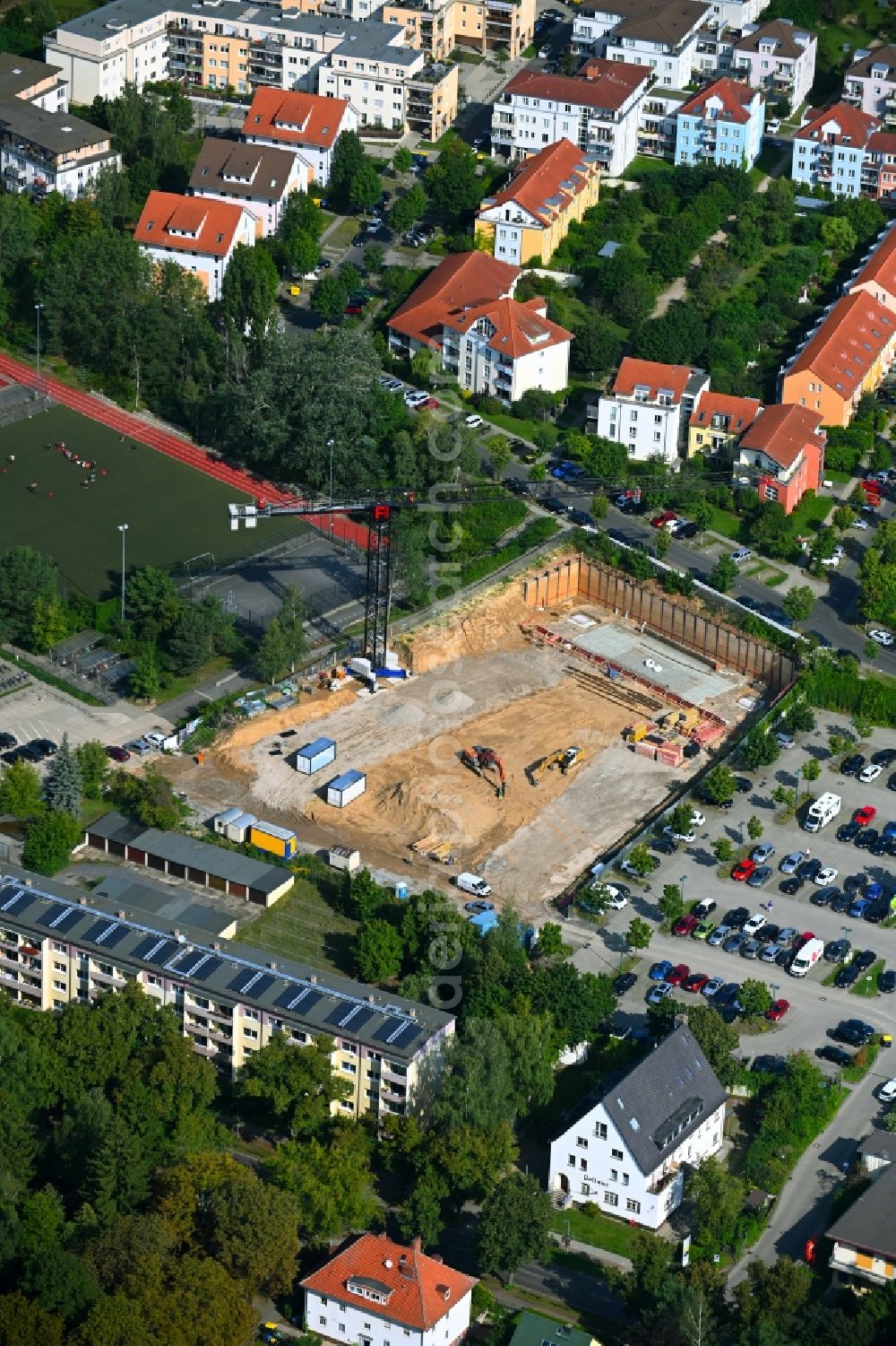 Glienicke/Nordbahn from above - Construction site for the multi-family residential building on Ahornallee in Glienicke/Nordbahn in the state Brandenburg, Germany