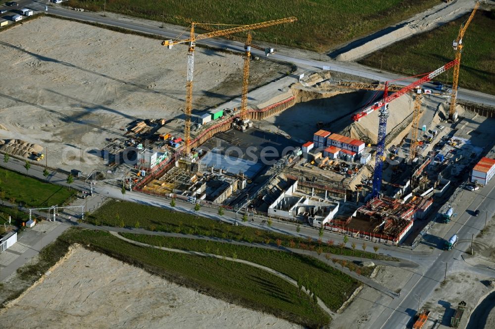 München from the bird's eye view: Construction site for the multi-family residential building on Grete-Weil-Strasse in the district Aubing-Lochhausen-Langwied in Munich in the state Bavaria, Germany