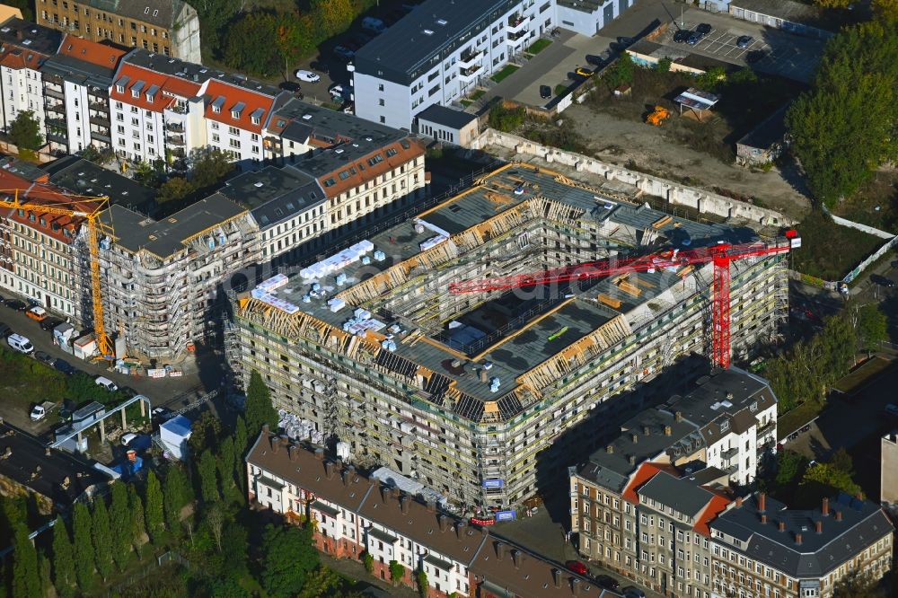 Aerial image Leipzig - Construction site for the multi-family residential building Goeschenstrasse - Reichpietschstrasse - Crusiusstrasse in the district Reudnitz in Leipzig in the state Saxony, Germany